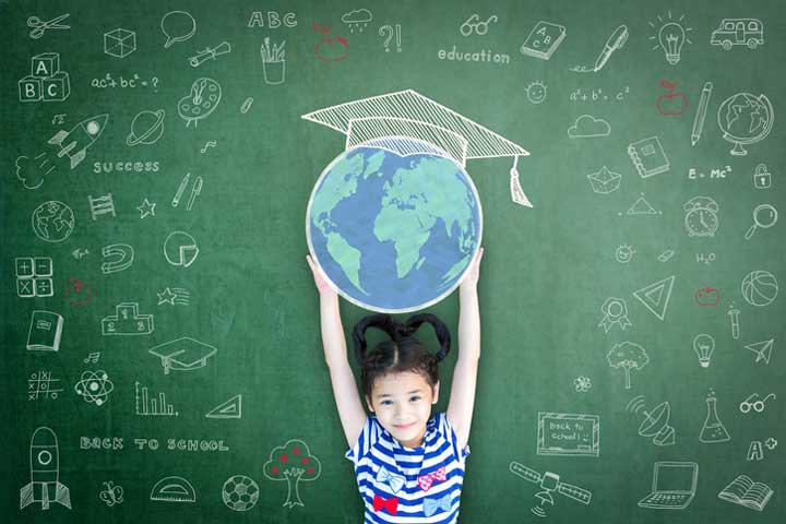 School child girl lifting world globe doodle on chalkboard for children's education international children day and world literacy day concept