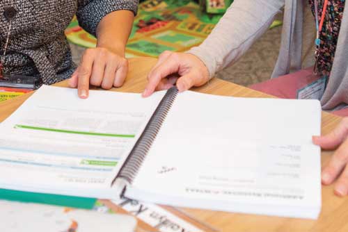 Two teachers pointing at materials